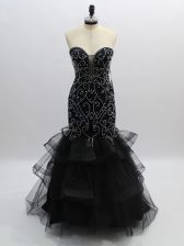 Super Floor Length Black Prom Dress Tulle Sleeveless Beading and Ruffles