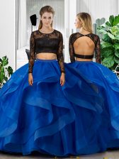  Two Pieces Quince Ball Gowns Blue Scoop Tulle Long Sleeves Floor Length Backless