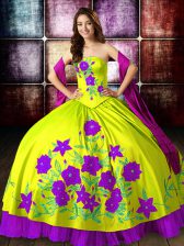 Ideal Yellow Green Ball Gowns Strapless Sleeveless Taffeta Floor Length Lace Up Embroidery 15 Quinceanera Dress