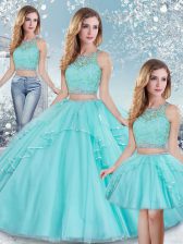High Class Scoop Sleeveless Clasp Handle Quince Ball Gowns Aqua Blue Tulle