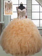 Unique Champagne Organza Lace Up Sweetheart Sleeveless Floor Length Sweet 16 Quinceanera Dress Beading and Ruffles