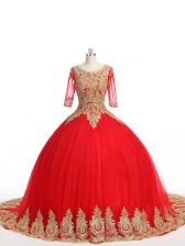 Exquisite Red 15 Quinceanera Dress Scoop Half Sleeves Brush Train Zipper