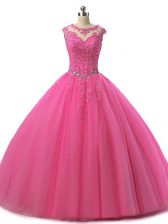 Exceptional Beading and Lace Ball Gown Prom Dress Hot Pink Lace Up Sleeveless Floor Length