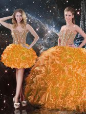 Low Price Orange Lace Up Quinceanera Gown Beading and Ruffles Sleeveless Floor Length