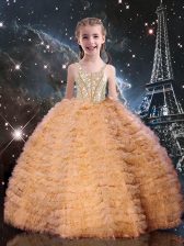 Latest Floor Length Orange Red Girls Pageant Dresses Tulle Sleeveless Beading and Ruffled Layers