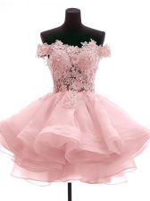  Taffeta Off The Shoulder Sleeveless Zipper Lace and Appliques and Ruffles Prom Dresses in Pink 