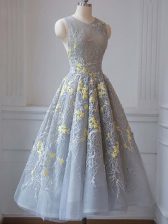 Modest Grey Sleeveless Tea Length Lace and Appliques Criss Cross Prom Dress