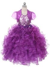 Custom Fit Floor Length Lace Up Little Girls Pageant Dress Wholesale Purple for Wedding Party with Ruffles and Sequins and Bowknot