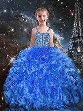  Floor Length Ball Gowns Sleeveless Blue Child Pageant Dress Lace Up