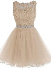  Tulle Scoop Sleeveless Zipper Beading and Lace and Appliques Evening Dress in Champagne