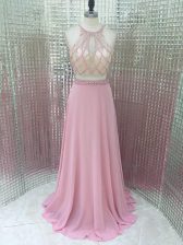 Affordable Pink Two Pieces Chiffon Sleeveless Beading Zipper Dress for Prom Brush Train