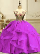 Delicate Sleeveless Lace Up Floor Length Appliques and Ruffles Sweet 16 Dress