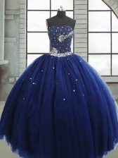 Sweet Sleeveless Floor Length Beading Lace Up Sweet 16 Dresses with Navy Blue