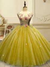 Shining Sleeveless Tulle Floor Length Lace Up Sweet 16 Quinceanera Dress in Gold with Appliques and Sequins
