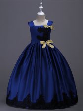 Perfect Royal Blue Taffeta Zipper Little Girls Pageant Dress Wholesale Sleeveless Floor Length Appliques and Bowknot