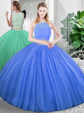  Scoop Sleeveless 15th Birthday Dress Floor Length Lace and Ruching Baby Blue Organza
