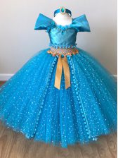  Floor Length Zipper Little Girls Pageant Dress Baby Blue for Wedding Party with Sequins and Belt