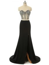  Black Prom Evening Gown Prom and Party with Beading Sweetheart Sleeveless Brush Train Zipper
