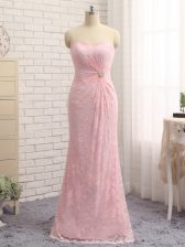  Beading and Lace and Appliques Prom Gown Baby Pink Zipper Sleeveless Floor Length