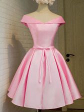  Pink Cap Sleeves Belt Knee Length Damas Dress