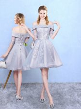  Grey Half Sleeves Tulle Lace Up Dama Dress for Prom and Party and Wedding Party