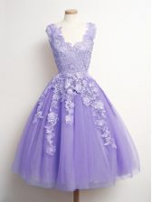  Knee Length Lavender Quinceanera Court of Honor Dress V-neck Sleeveless Lace Up