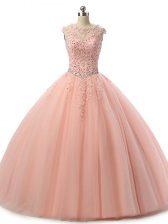 High Class Beading and Lace Quinceanera Gown Peach Lace Up Sleeveless Floor Length