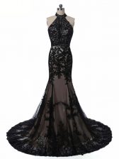 Unique Black Halter Top Backless Lace and Appliques Homecoming Dress Brush Train Sleeveless