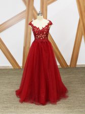  Sleeveless Tulle Floor Length Criss Cross Prom Gown in Red with Lace and Appliques