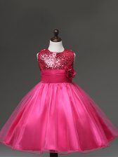 Nice Tulle Sleeveless Knee Length Little Girls Pageant Dress and Sequins and Hand Made Flower
