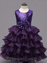 Top Selling Dark Purple Zipper Scoop Ruffled Layers and Sequins Kids Pageant Dress Organza Sleeveless