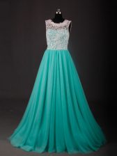  Turquoise Sleeveless Chiffon Sweep Train Zipper Prom Dress for Prom and Party and Sweet 16 and Beach