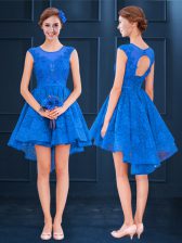 Stunning Blue Dama Dress Prom and Party and Wedding Party with Lace and Belt Scoop Sleeveless Clasp Handle