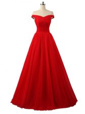  Ruching Prom Dress Red Lace Up Sleeveless Floor Length