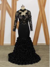 Black Long Sleeves Beading and Lace and Appliques and Hand Made Flower Backless 