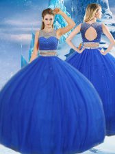 Ideal Asymmetrical Royal Blue Sweet 16 Dress Tulle Sleeveless Beading and Sequins