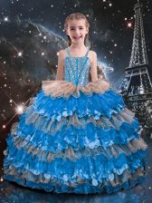  Baby Blue Sleeveless Beading and Ruffled Layers Floor Length Pageant Gowns For Girls