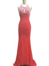Custom Design Red Chiffon Criss Cross Halter Top Sleeveless Prom Gown Brush Train Beading