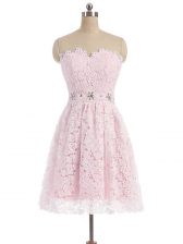 Traditional Mini Length Pink Prom Dresses Lace Sleeveless Beading and Lace