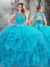 Excellent Baby Blue Ball Gowns Tulle Scoop Sleeveless Beading and Ruffles Floor Length Lace Up Sweet 16 Dress
