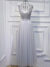 Top Selling Sleeveless Tulle Floor Length Lace Up Prom Dresses in Grey with Beading and Sequins