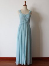 Modest Aqua Blue Zipper Straps Ruching Court Dresses for Sweet 16 Chiffon Sleeveless