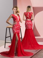 Stylish Coral Red Chiffon Zipper Dress for Prom Sleeveless Brush Train Lace