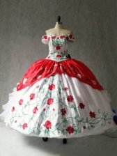  Embroidery and Ruffles Quinceanera Dresses White And Red Lace Up Cap Sleeves Floor Length