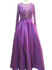  Purple Scoop Zipper Beading and Lace and Appliques Prom Dress Long Sleeves