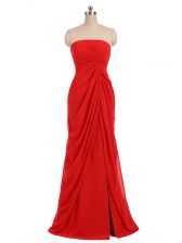 Dazzling Strapless Sleeveless Court Dresses for Sweet 16 Floor Length Ruching Red Chiffon
