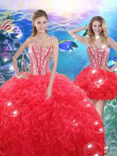  Ball Gowns Quinceanera Dresses Coral Red Sweetheart Organza Sleeveless Floor Length Lace Up