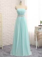  Sleeveless Chiffon Floor Length Zipper Quinceanera Court of Honor Dress in Apple Green with Appliques and Ruching