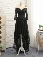  High Low Black Prom Party Dress Lace Half Sleeves Lace