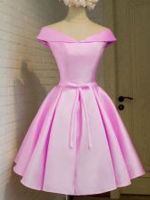  Lilac A-line Taffeta Off The Shoulder Cap Sleeves Belt Knee Length Lace Up Damas Dress